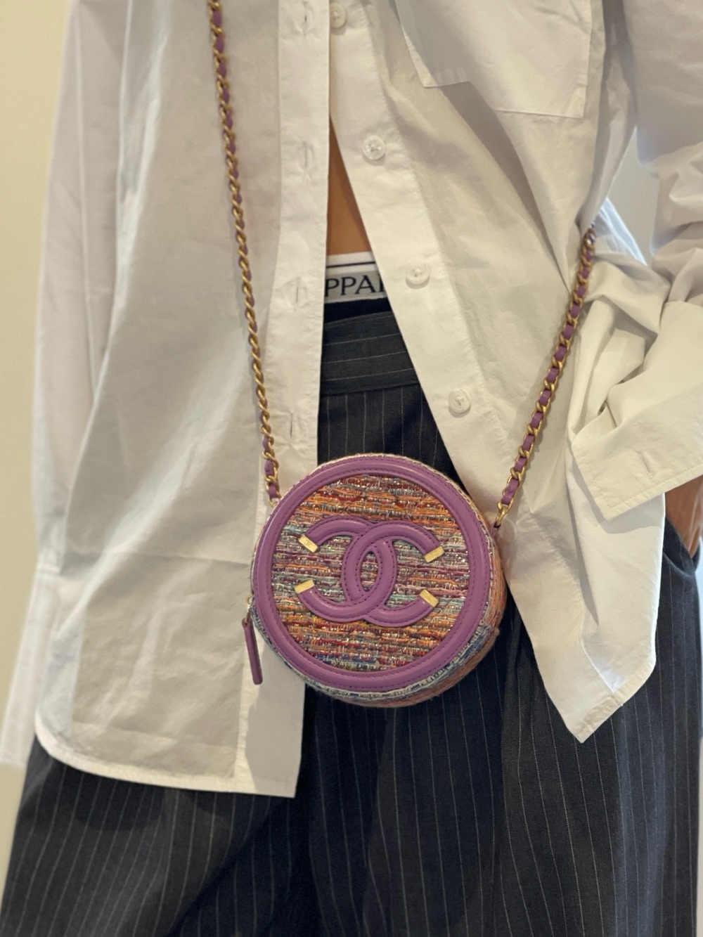 CHANEL - Purple Tweed Filigree Round Clutch Crossbody Bag - Picture 9 of 16